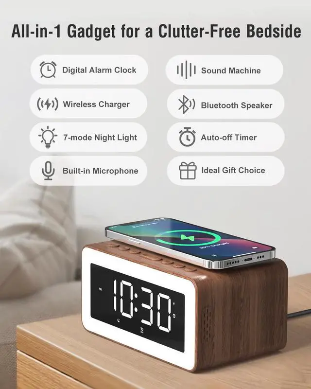 Alt view image 2 of 7 - Alarm Clock with Wireless Charging, Bluetooth Speaker, White/Brown Noise Sound Machine Night Light, Wooden Digital Alarm Clocks for Bedrooms, Wireless Charger for iPhone, Birthday Gifts for Men Women