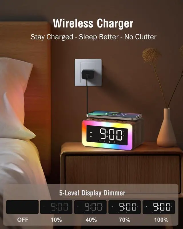 Alt view image 5 of 7 - Alarm Clock with Wireless Charging, Bluetooth Speaker, White/Brown Noise Sound Machine Night Light, Wooden Digital Alarm Clocks for Bedrooms, Wireless Charger for iPhone, Birthday Gifts for Men Women