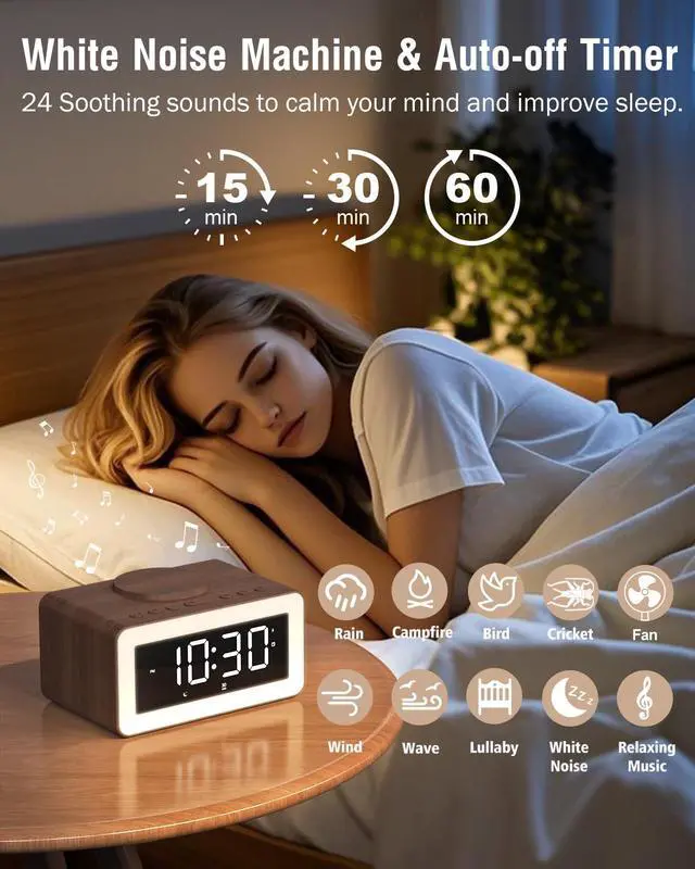 Alt view image 6 of 7 - Alarm Clock with Wireless Charging, Bluetooth Speaker, White/Brown Noise Sound Machine Night Light, Wooden Digital Alarm Clocks for Bedrooms, Wireless Charger for iPhone, Birthday Gifts for Men Women