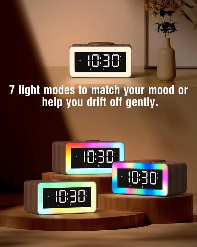 Alt view image 7 of 7 - Alarm Clock with Wireless Charging, Bluetooth Speaker, White/Brown Noise Sound Machine Night Light, Wooden Digital Alarm Clocks for Bedrooms, Wireless Charger for iPhone, Birthday Gifts for Men Women