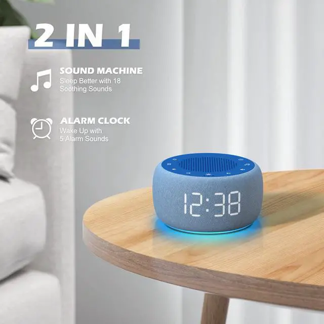 Alt view image 2 of 7 - Buffbee Sound Machine & Alarm Clock 2-in-1, 0-100% Clock Face Brightness, Bottom Colored Light, Sleep Timer, Precise 30-Level Volume Control White Noise Machine - Twilight