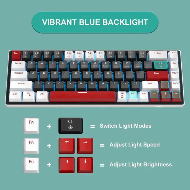 Alt view image 3 of 7 - MageGee 60% Mechanical Gaming Keyboard, 68 Keys Compact Blue LED Backlit Gaming Keyboards, SKY68 Wired Ergonomic Mini Office Keyboard for Windows PC Gamer (Red Switch, White & Black)