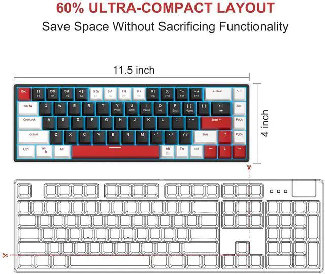 Alt view image 7 of 7 - MageGee 60% Mechanical Gaming Keyboard, 68 Keys Compact Blue LED Backlit Gaming Keyboards, SKY68 Wired Ergonomic Mini Office Keyboard for Windows PC Gamer (Red Switch, White & Black)
