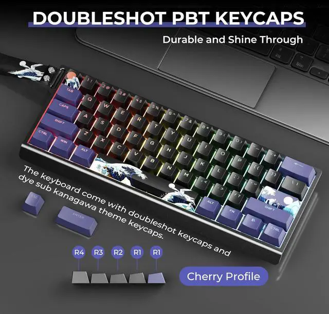 Alt view image 4 of 7 - HITIME x XVX 60% Percent Keyboard with Strap, H61 Wired Aluminum Gaming Keyboard, Hot Swappable, Kanagawa Anime PBT Keycaps, RGB Backlit, Cherry Profile, Sound Absorbing Pads, Creamy Linear Switch
