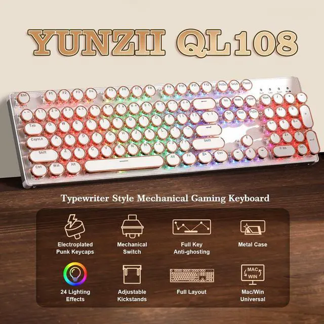 Alt view image 2 of 7 - YUNZII QL108 Typewriter Style Mechanical Gaming Keyboard,Full Size Hot Swappable RGB Backlit Keyboards,Metal Panel Retro Punk Round Keycaps,USB Wired Computer Keyboard (Silver, Onyx Gray Switch)