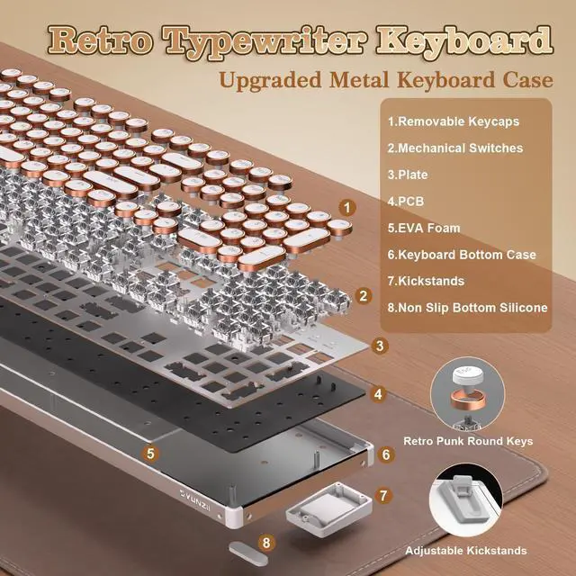 Alt view image 4 of 7 - YUNZII QL108 Typewriter Style Mechanical Gaming Keyboard,Full Size Hot Swappable RGB Backlit Keyboards,Metal Panel Retro Punk Round Keycaps,USB Wired Computer Keyboard (Silver, Onyx Gray Switch)