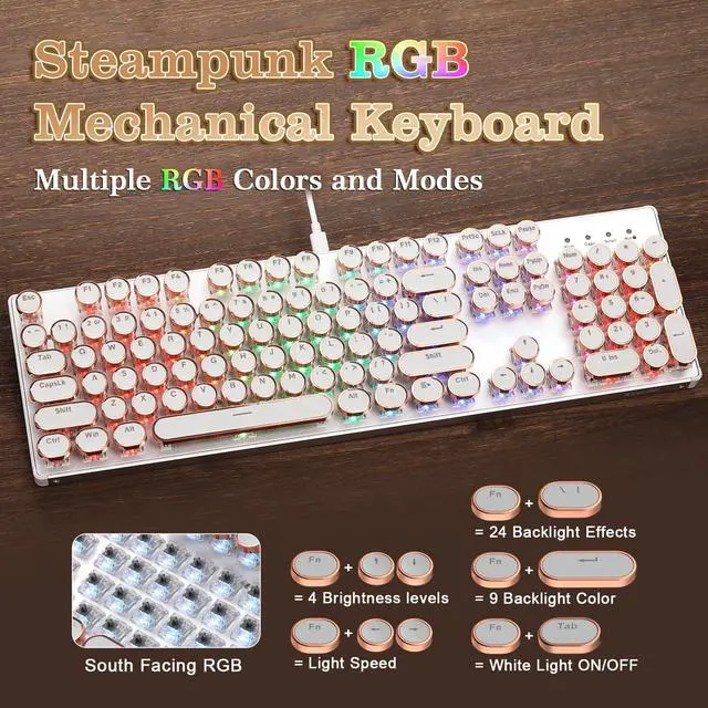 Alt view image 7 of 7 - YUNZII QL108 Typewriter Style Mechanical Gaming Keyboard,Full Size Hot Swappable RGB Backlit Keyboards,Metal Panel Retro Punk Round Keycaps,USB Wired Computer Keyboard (Silver, Onyx Gray Switch)