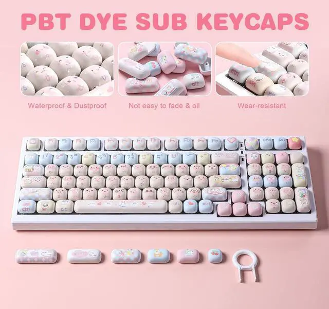 Alt view image 3 of 7 - YUNZII Cute Pink Kitten Custom Keycaps, 141 Keys Dye Sub PBT MOG Profile Keycap Set for Mechanical Gaming Keyboards (Pink Kitten)