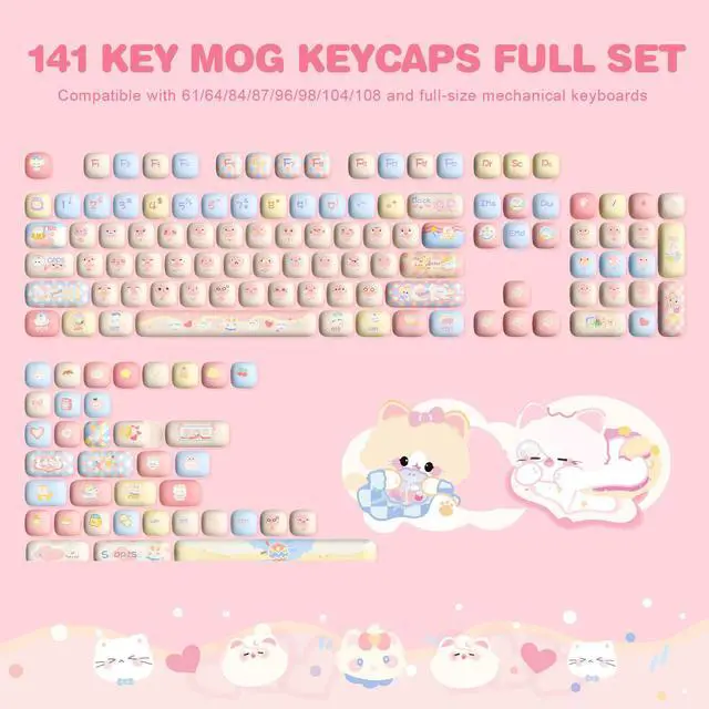 Alt view image 2 of 7 - YUNZII Cute Pink Kitten Custom Keycaps, 141 Keys Dye Sub PBT MOG Profile Keycap Set for Mechanical Gaming Keyboards (Pink Kitten)