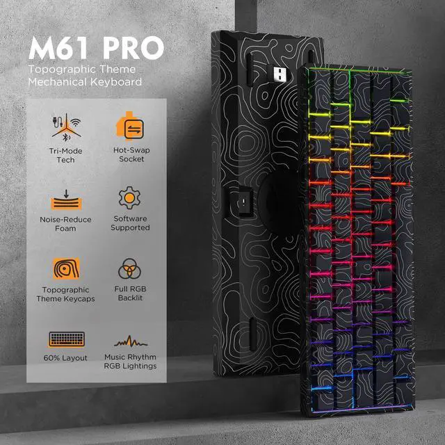 Alt view image 2 of 7 - HITIME 60% Percent Keyboard, Topographic Theme Keyboard, XVX M61 Pro Bluetooth/2.4GHz/USB-C Wireless Mechanical Gaming Key Board, Hot Swappable Creamy Pre-lubed Switch, RGB