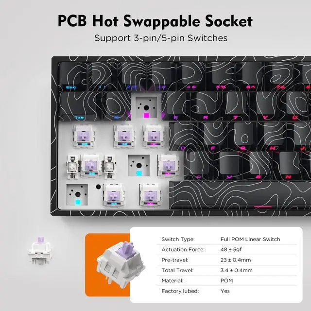 Alt view image 4 of 7 - HITIME 60% Percent Keyboard, Topographic Theme Keyboard, XVX M61 Pro Bluetooth/2.4GHz/USB-C Wireless Mechanical Gaming Key Board, Hot Swappable Creamy Pre-lubed Switch, RGB