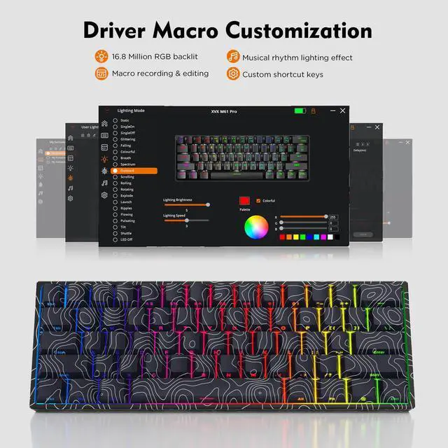 Alt view image 6 of 7 - HITIME 60% Percent Keyboard, Topographic Theme Keyboard, XVX M61 Pro Bluetooth/2.4GHz/USB-C Wireless Mechanical Gaming Key Board, Hot Swappable Creamy Pre-lubed Switch, RGB