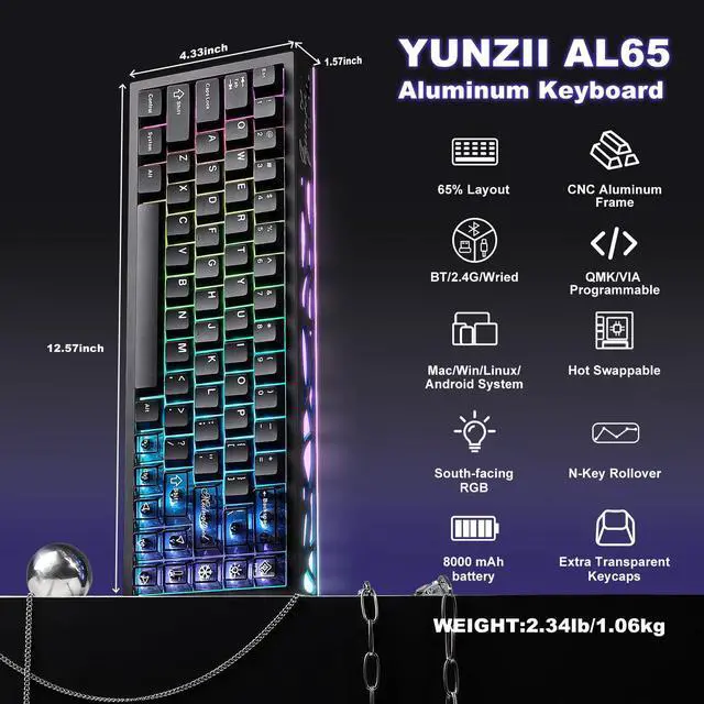 Alt view image 2 of 7 - YUNZII AL65 Wireless Mechanical Keyboard, Full Aluminum CNC,Support QMK/VIA Software Gasket Structure,60% Hot Swappable with RGB Backlit BT/2.4G/USB-C for Mac/Windows(Black, Gateron Zero)