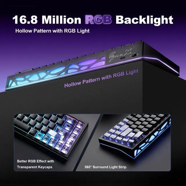 Alt view image 7 of 7 - YUNZII AL65 Wireless Mechanical Keyboard, Full Aluminum CNC,Support QMK/VIA Software Gasket Structure,60% Hot Swappable with RGB Backlit BT/2.4G/USB-C for Mac/Windows(Black, Gateron Zero)