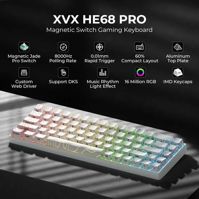 Alt view image 2 of 7 - x XVX HE68 Pro Rapid Trigger Keyboard 60% Percent,Hall Effect Keyboard with Gateron Magnetic Jade Pro Switch,CNC Aluminum Frame Topographic Custom Mechanical Key Board for PC/Laptop/Xbox/PS4/PS5,White