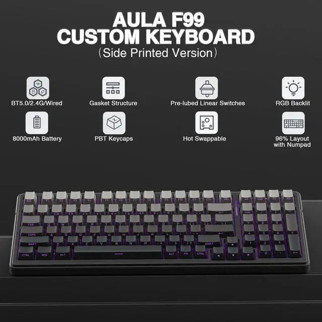 Alt view image 2 of 7 - AULA F99 Wireless Mechanical Keyboard,Gasket Structure Hot Swappable Custom Keyboard,RGB Backlit,Creamy Sound,Side Printed PBT Keycaps,2.4GHz/USB-C/BT5.0 Computer Gaming Keyboards