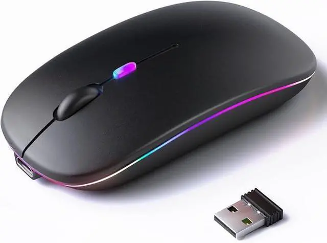 Alt view image 2 of 7 - Wireless Bluetooth Mouse, Rechargeable Ultra-Thin Dual-Mode (Bluetooth 5.2 + 2.4GHz USB Receiver) with Colorful LED Light & Silent Click, Portable Computer Mouse for Laptops, iPads, MacBooks, PC