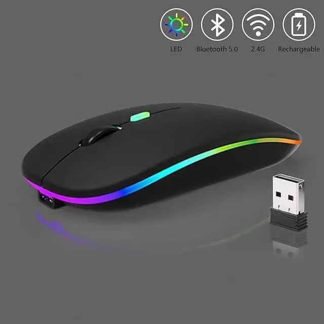 Alt view image 5 of 7 - Wireless Bluetooth Mouse, Rechargeable Ultra-Thin Dual-Mode (Bluetooth 5.2 + 2.4GHz USB Receiver) with Colorful LED Light & Silent Click, Portable Computer Mouse for Laptops, iPads, MacBooks, PC