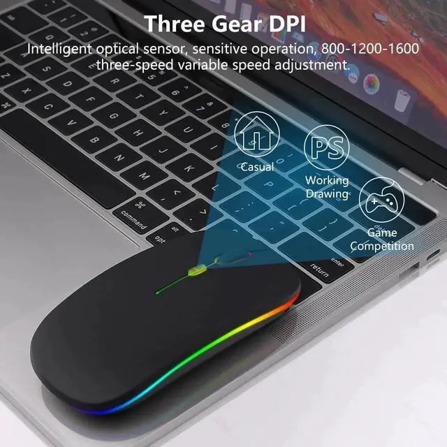 Alt view image 6 of 7 - Wireless Bluetooth Mouse, Rechargeable Ultra-Thin Dual-Mode (Bluetooth 5.2 + 2.4GHz USB Receiver) with Colorful LED Light & Silent Click, Portable Computer Mouse for Laptops, iPads, MacBooks, PC