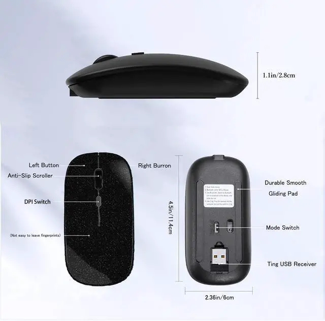 Alt view image 6 of 7 - WREANU Wireless Bluetooth Mouse Rechargeable Laptop Mice Silent Slim Use(Bluetooth5.2 and Portable 2.4GHz USB Receiver)Dual Mode Computer Mouse for Laptop/iPad/Tablet/Apple/Computer/Mac(Bright Black)