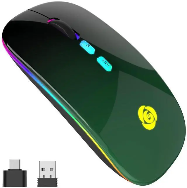 Main image of LED Wireless Mouse, Bluetooth Mouse &2.4GHz Instant Connection,Rechargeable Ultra Silent Slim,3 DPI 2 Connection Modes with USB-C to USB Adapter for Laptop/MacBook/PC/Tablet/iPad (Black-green)