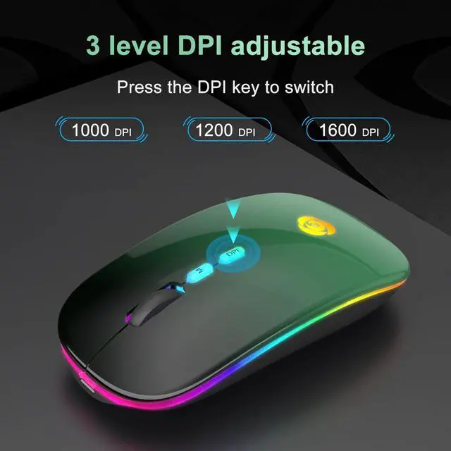 Alt view image 3 of 7 - LED Wireless Mouse, Bluetooth Mouse &2.4GHz Instant Connection,Rechargeable Ultra Silent Slim,3 DPI 2 Connection Modes with USB-C to USB Adapter for Laptop/MacBook/PC/Tablet/iPad (Black-green)