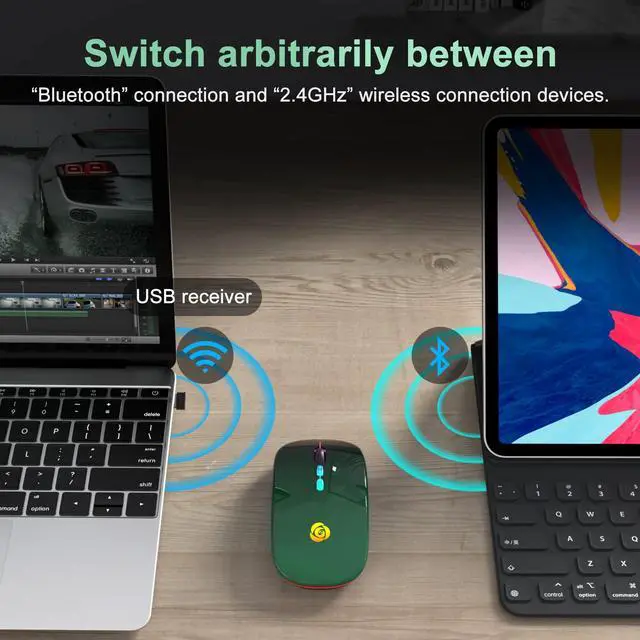 Alt view image 2 of 7 - LED Wireless Mouse, Bluetooth Mouse &2.4GHz Instant Connection,Rechargeable Ultra Silent Slim,3 DPI 2 Connection Modes with USB-C to USB Adapter for Laptop/MacBook/PC/Tablet/iPad (Black-green)