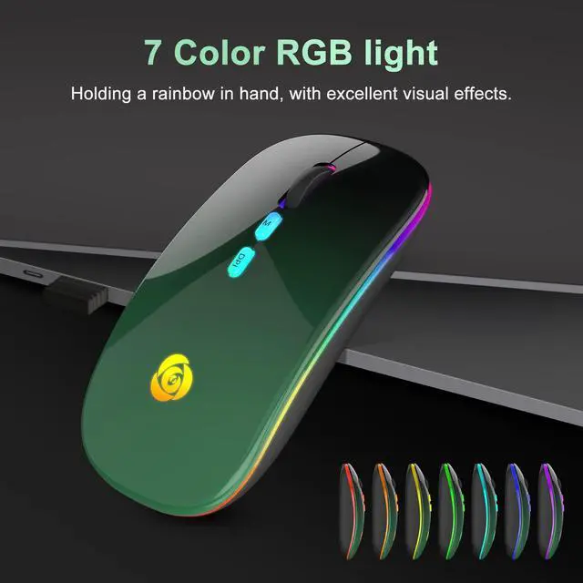 Alt view image 4 of 7 - LED Wireless Mouse, Bluetooth Mouse &2.4GHz Instant Connection,Rechargeable Ultra Silent Slim,3 DPI 2 Connection Modes with USB-C to USB Adapter for Laptop/MacBook/PC/Tablet/iPad (Black-green)