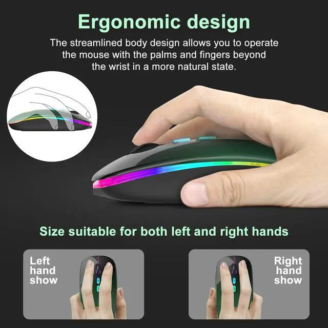 Alt view image 5 of 7 - LED Wireless Mouse, Bluetooth Mouse &2.4GHz Instant Connection,Rechargeable Ultra Silent Slim,3 DPI 2 Connection Modes with USB-C to USB Adapter for Laptop/MacBook/PC/Tablet/iPad (Black-green)