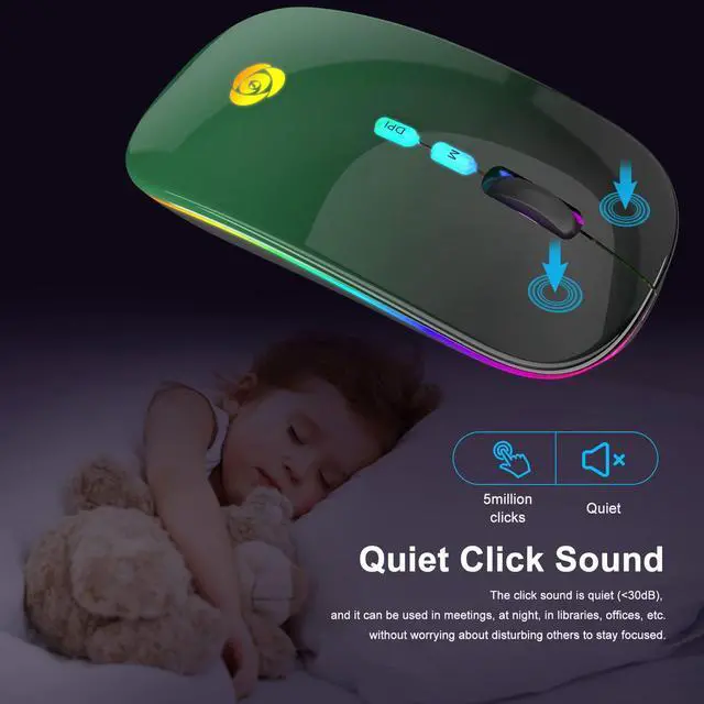 Alt view image 6 of 7 - LED Wireless Mouse, Bluetooth Mouse &2.4GHz Instant Connection,Rechargeable Ultra Silent Slim,3 DPI 2 Connection Modes with USB-C to USB Adapter for Laptop/MacBook/PC/Tablet/iPad (Black-green)