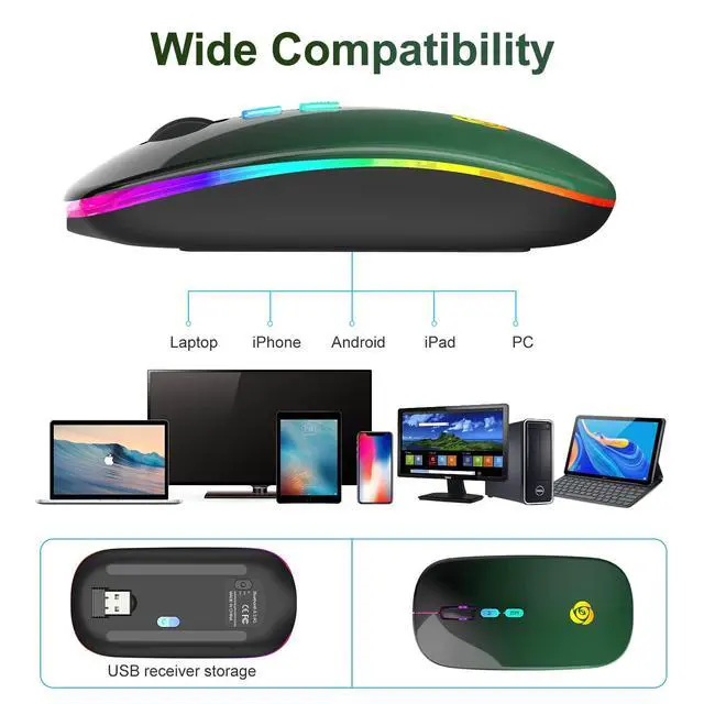 Alt view image 7 of 7 - LED Wireless Mouse, Bluetooth Mouse &2.4GHz Instant Connection,Rechargeable Ultra Silent Slim,3 DPI 2 Connection Modes with USB-C to USB Adapter for Laptop/MacBook/PC/Tablet/iPad (Black-green)