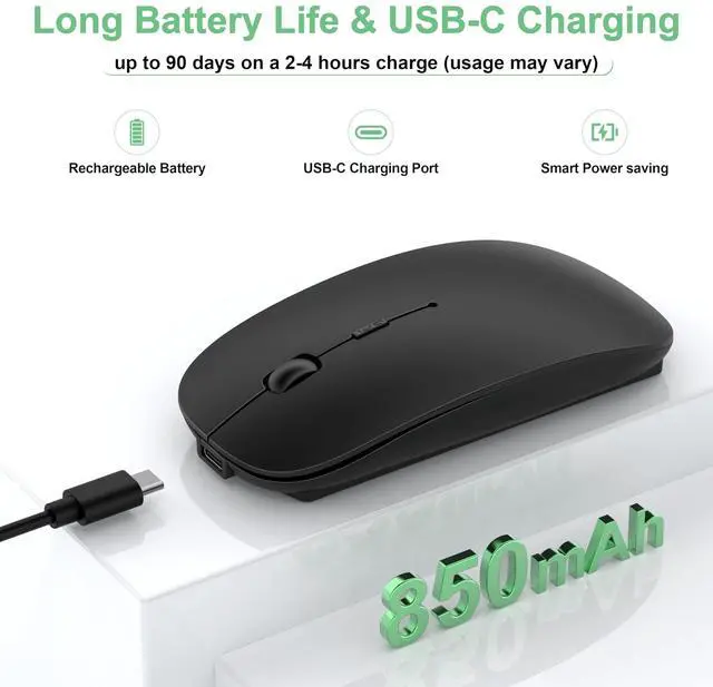 Alt view image 5 of 7 - Wireless Mouse for Laptop/MacBook Air/Pro & iPad, Mouse Jiggler Mode Bluetooth 5.2/2.4G Rechargeable Silent Click 3-Level DPI Slim Portable USB-A&C Receiver (Mouse Jiggler Mode, Black)