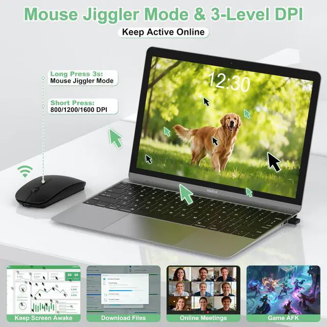 Alt view image 4 of 7 - Wireless Mouse for Laptop/MacBook Air/Pro & iPad, Mouse Jiggler Mode Bluetooth 5.2/2.4G Rechargeable Silent Click 3-Level DPI Slim Portable USB-A&C Receiver (Mouse Jiggler Mode, Black)