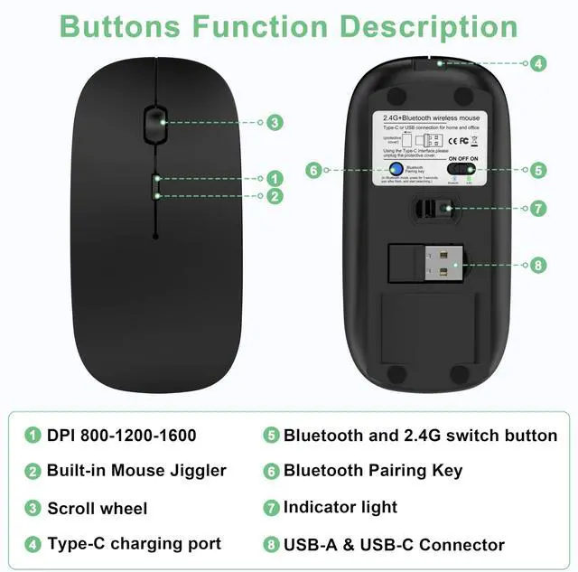 Alt view image 7 of 7 - Wireless Mouse for Laptop/MacBook Air/Pro & iPad, Mouse Jiggler Mode Bluetooth 5.2/2.4G Rechargeable Silent Click 3-Level DPI Slim Portable USB-A&C Receiver (Mouse Jiggler Mode, Black)