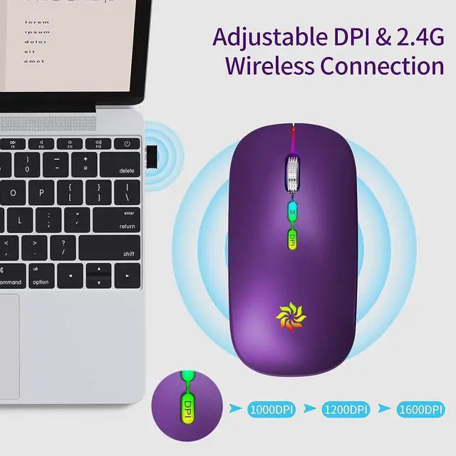 Alt view image 2 of 7 - KBCASE Wireless Mouse, LED Wireless Mouse for Laptop, Slim Silent Mouse 2.4G Rechargeable Wireless Computer Mouse for Laptop, MacBook, iPad, Chromebook, with USB & Type-c Receiver