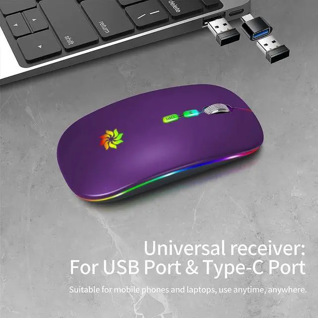 Alt view image 5 of 7 - KBCASE Wireless Mouse, LED Wireless Mouse for Laptop, Slim Silent Mouse 2.4G Rechargeable Wireless Computer Mouse for Laptop, MacBook, iPad, Chromebook, with USB & Type-c Receiver