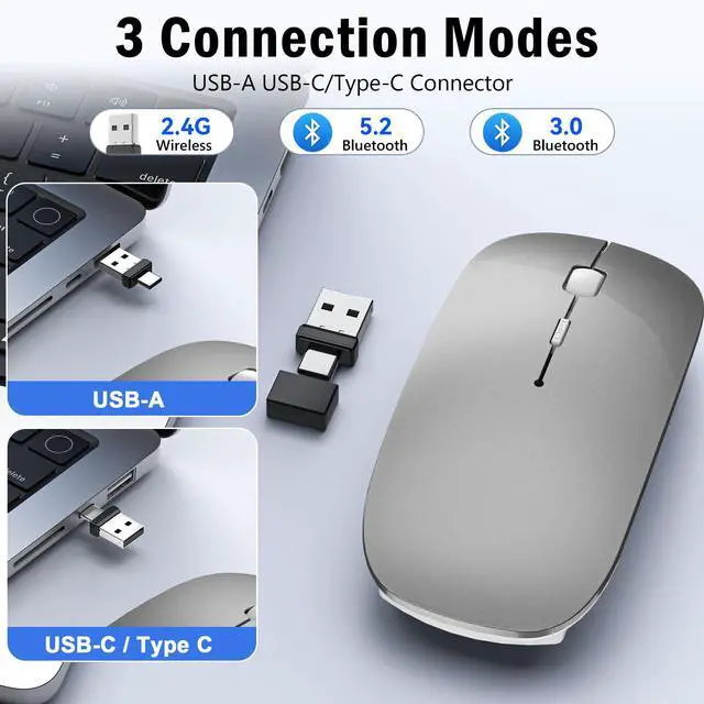 Alt view image 3 of 7 - FYBC Wireless Mouse for MacBook Air iPad Pro Mac PC, Slim Bluetooth Rechargeable Computer Mice, 2 Mode Bluetooth 5.2/3.0 & 2.4G USB Type-C Receiver Optical Jiggler Mouse for Keep Computer Awake Grey