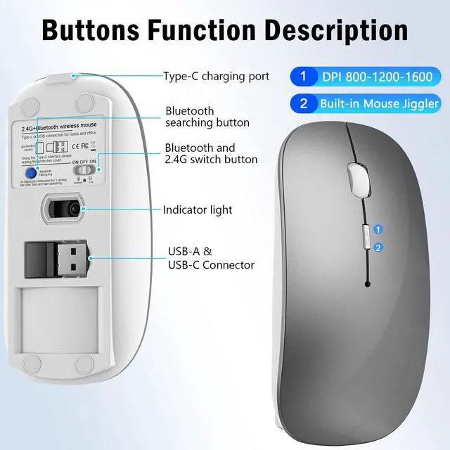 Alt view image 5 of 7 - FYBC Wireless Mouse for MacBook Air iPad Pro Mac PC, Slim Bluetooth Rechargeable Computer Mice, 2 Mode Bluetooth 5.2/3.0 & 2.4G USB Type-C Receiver Optical Jiggler Mouse for Keep Computer Awake Grey