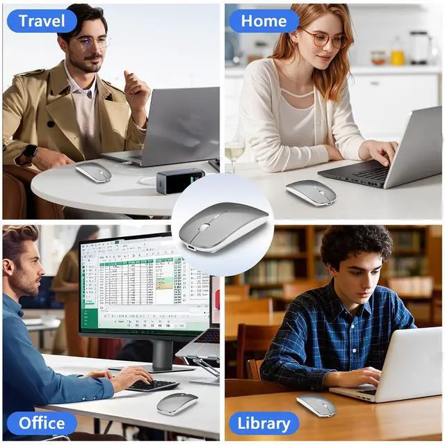 Alt view image 7 of 7 - FYBC Wireless Mouse for MacBook Air iPad Pro Mac PC, Slim Bluetooth Rechargeable Computer Mice, 2 Mode Bluetooth 5.2/3.0 & 2.4G USB Type-C Receiver Optical Jiggler Mouse for Keep Computer Awake Grey