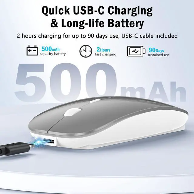 Alt view image 6 of 7 - FYBC Wireless Mouse for MacBook Air iPad Pro Mac PC, Slim Bluetooth Rechargeable Computer Mice, 2 Mode Bluetooth 5.2/3.0 & 2.4G USB Type-C Receiver Optical Jiggler Mouse for Keep Computer Awake Grey