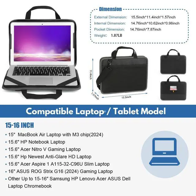 Alt view image 3 of 6 - CDBXPRG Laptop Case Sleeve 15.6 inch,15-16 inch Shockproof Computer Cover for HP,Laptop Bag for ASUS Acer Aspire 15,HP Pavilion/Envy 15,Dell Inspiron/Latitude 15,Lenovo IdeaPad 15,ASUS ZenBook(Black)