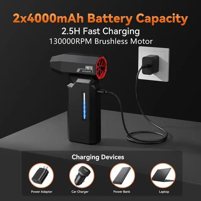 Alt view image 5 of 7 - Compressed Air Duster, 130000RPM Super Power Electric Air Dusters with AI Indicator, 5 Gear Brushless Motor, Rechargeable Mini Dust Blower for Computer, Keyboard, House, Outdoor and Car