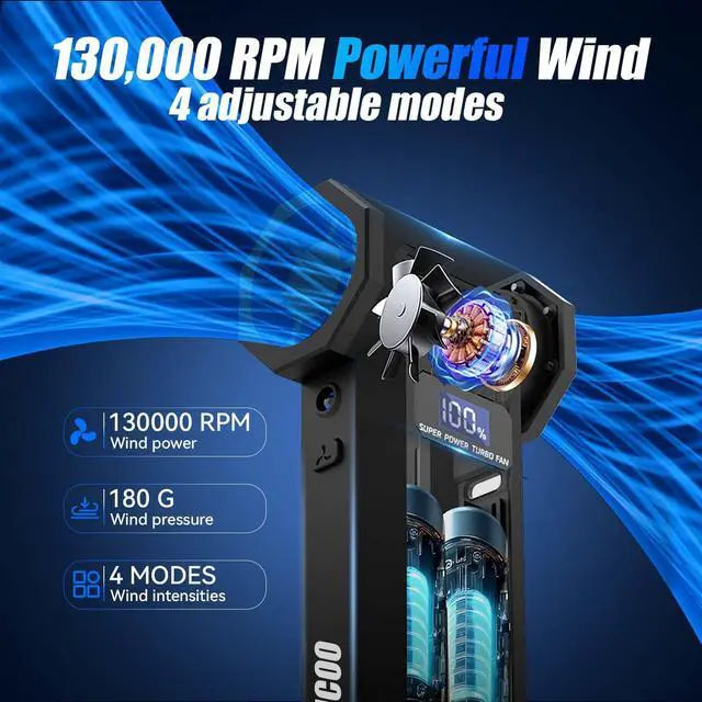 Alt view image 2 of 7 - Compressed Air Duster-130000RPM Super Power Electric Air Duster, 4-Gear Adjustable Mini Blower with Type-C Fast Charging, Dust Blower for Computer, Keyboard, House, Outdoor and Car