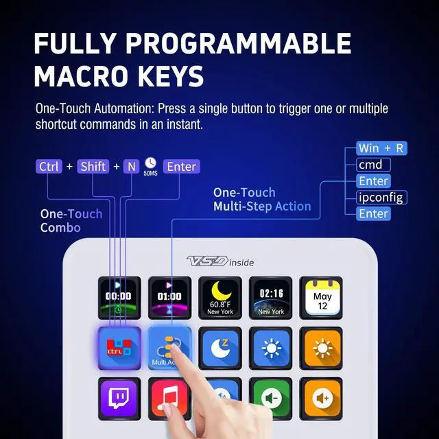 Alt view image 2 of 7 - VSDINSIDE Macro Keypad, Stream Controller Deck Gaming Streaming Shortcut Keyboard, 18 Programmable Keys Customizable Visual AI Pad USB Soundboard for OBS, YouTube, Desk Office Setup, Laptop, PC, Mac