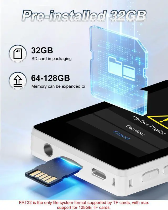 Alt view image 3 of 7 - 32GB MP3 Player with Bluetooth 5.2 and Smart Index Search, Portable Bluetooth Music Player with Built-in HD Speaker, FM Radio, Voice Recorder, HiFi Sound, E-Book, Up to 512GB (White)