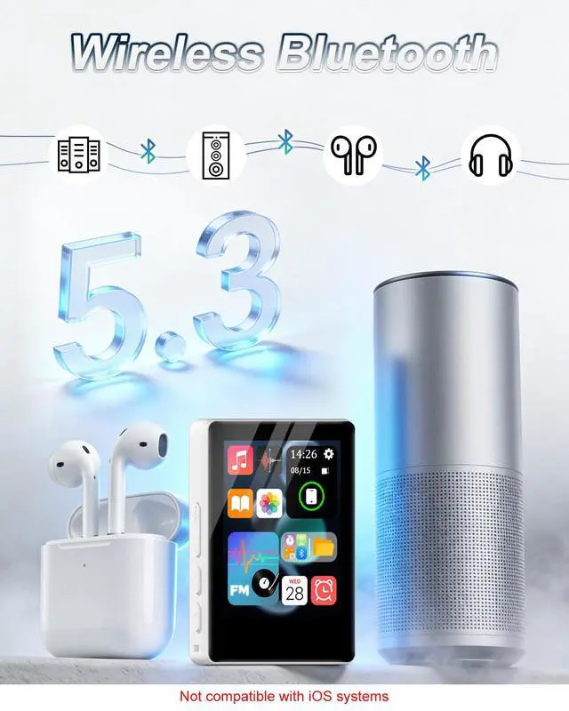 Alt view image 4 of 7 - 32GB MP3 Player with Bluetooth 5.2 and Smart Index Search, Portable Bluetooth Music Player with Built-in HD Speaker, FM Radio, Voice Recorder, HiFi Sound, E-Book, Up to 512GB (White)