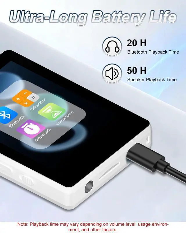 Alt view image 6 of 7 - 32GB MP3 Player with Bluetooth 5.2 and Smart Index Search, Portable Bluetooth Music Player with Built-in HD Speaker, FM Radio, Voice Recorder, HiFi Sound, E-Book, Up to 512GB (White)