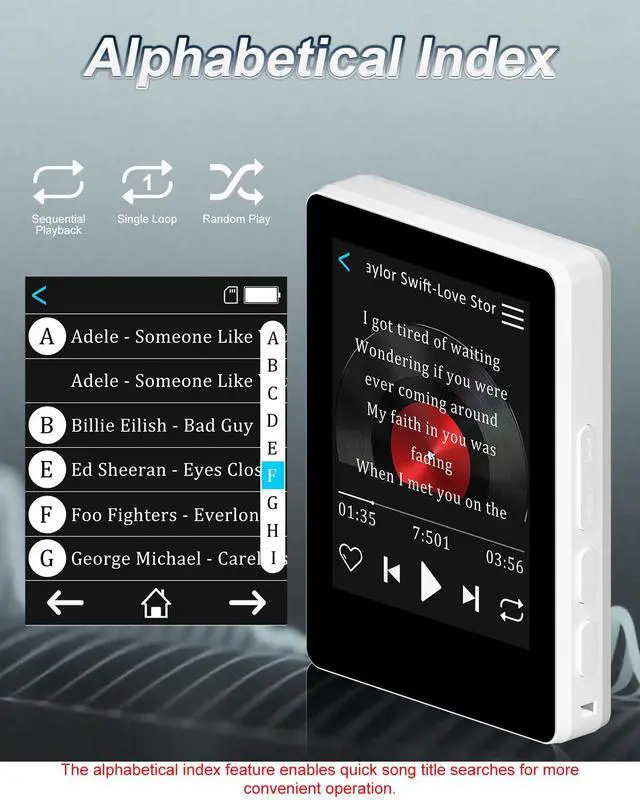 Alt view image 7 of 7 - 32GB MP3 Player with Bluetooth 5.2 and Smart Index Search, Portable Bluetooth Music Player with Built-in HD Speaker, FM Radio, Voice Recorder, HiFi Sound, E-Book, Up to 512GB (White)