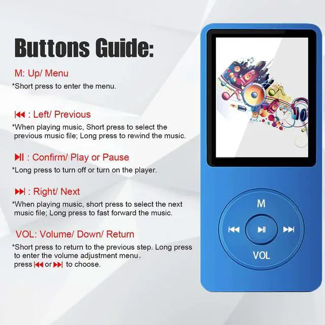 Alt view image 3 of 7 - 128GB MP3 Player with Bluetooth 5.2, Portable Blue Music Player for Kids with Built-in HD Speaker, FM Radio, Voice Recorder, Earphones Included