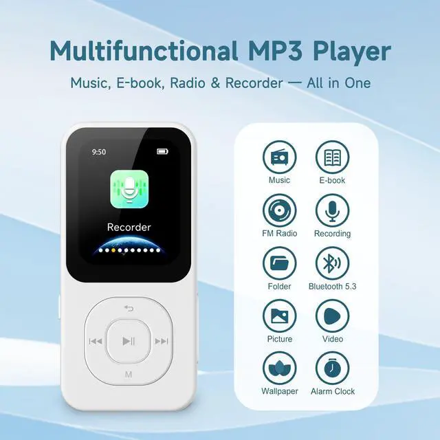 Alt view image 2 of 7 - 64GB MP3 Player with Bluetooth 5.3, PECSU Music Player with Speaker, FM Radio, Voice Recorder, HiFi Sound, E-Book, Earphones Included (White)